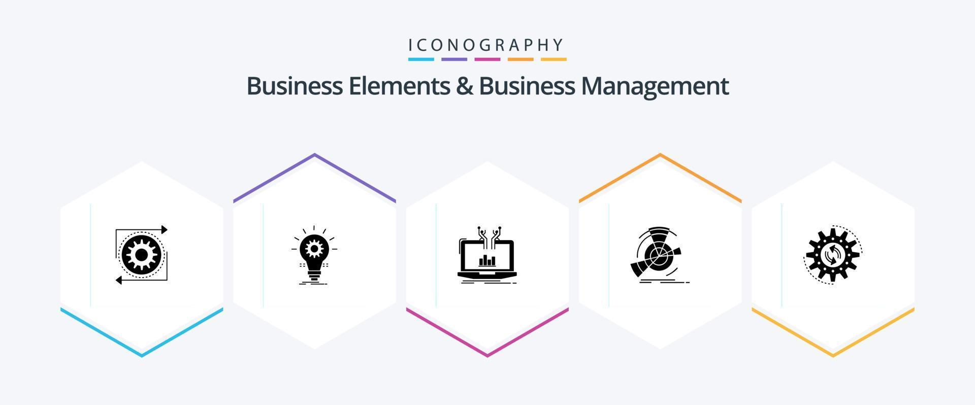 éléments d'entreprise et pack d'icônes de 25 glyphes de gestion d'entreprise, y compris les performances. données. innovation. plateforme. gestion vecteur