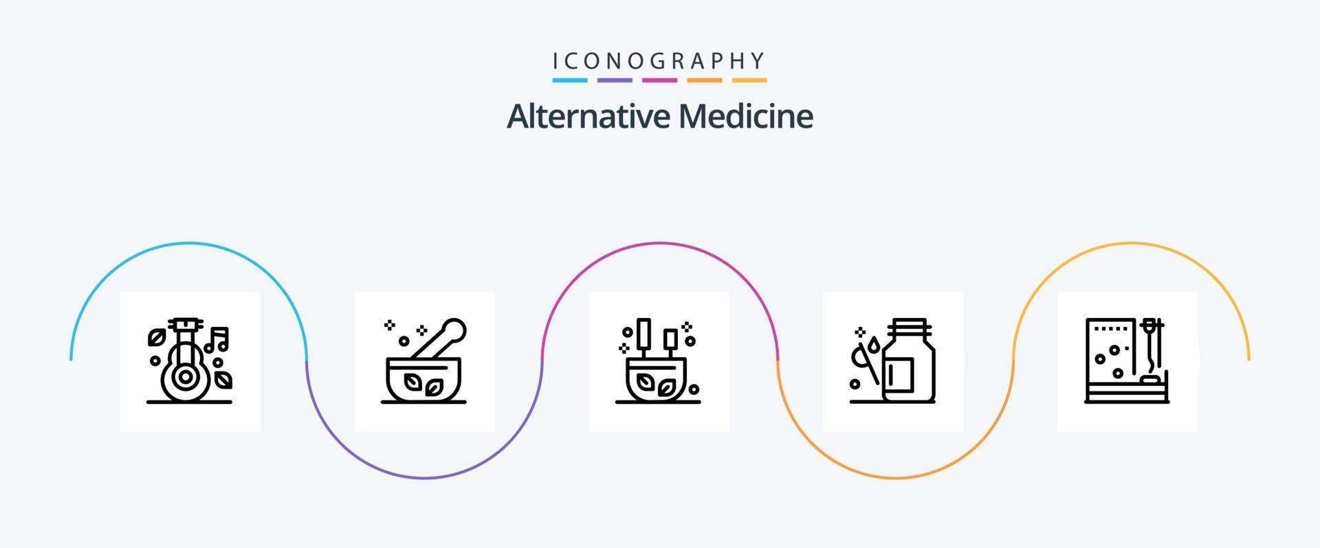 médecine alternative ligne 5 pack d'icônes, y compris la médecine. soins de santé. soupe. santé. des bâtons vecteur