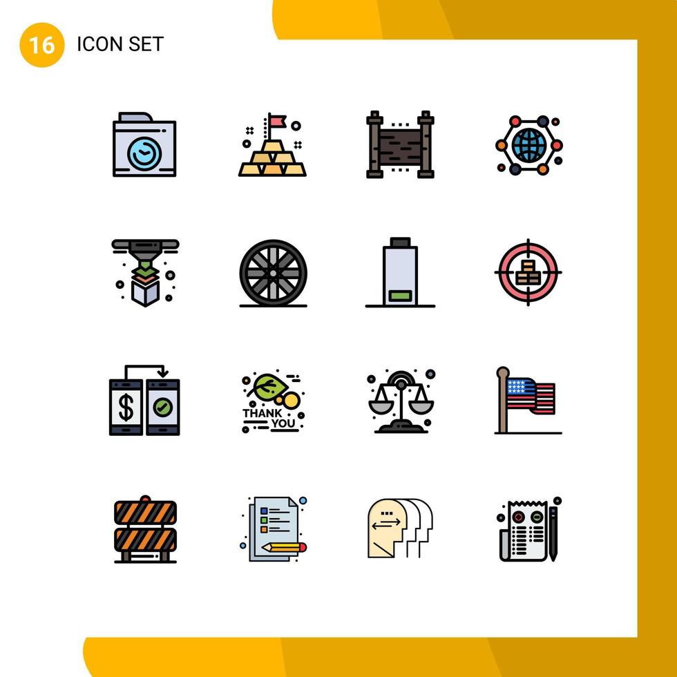 interface mobile ligne remplie de couleurs plates ensemble de 16 pictogrammes d'impression modélisation sécurité internet des objets globe éléments de conception vectoriels créatifs modifiables vecteur