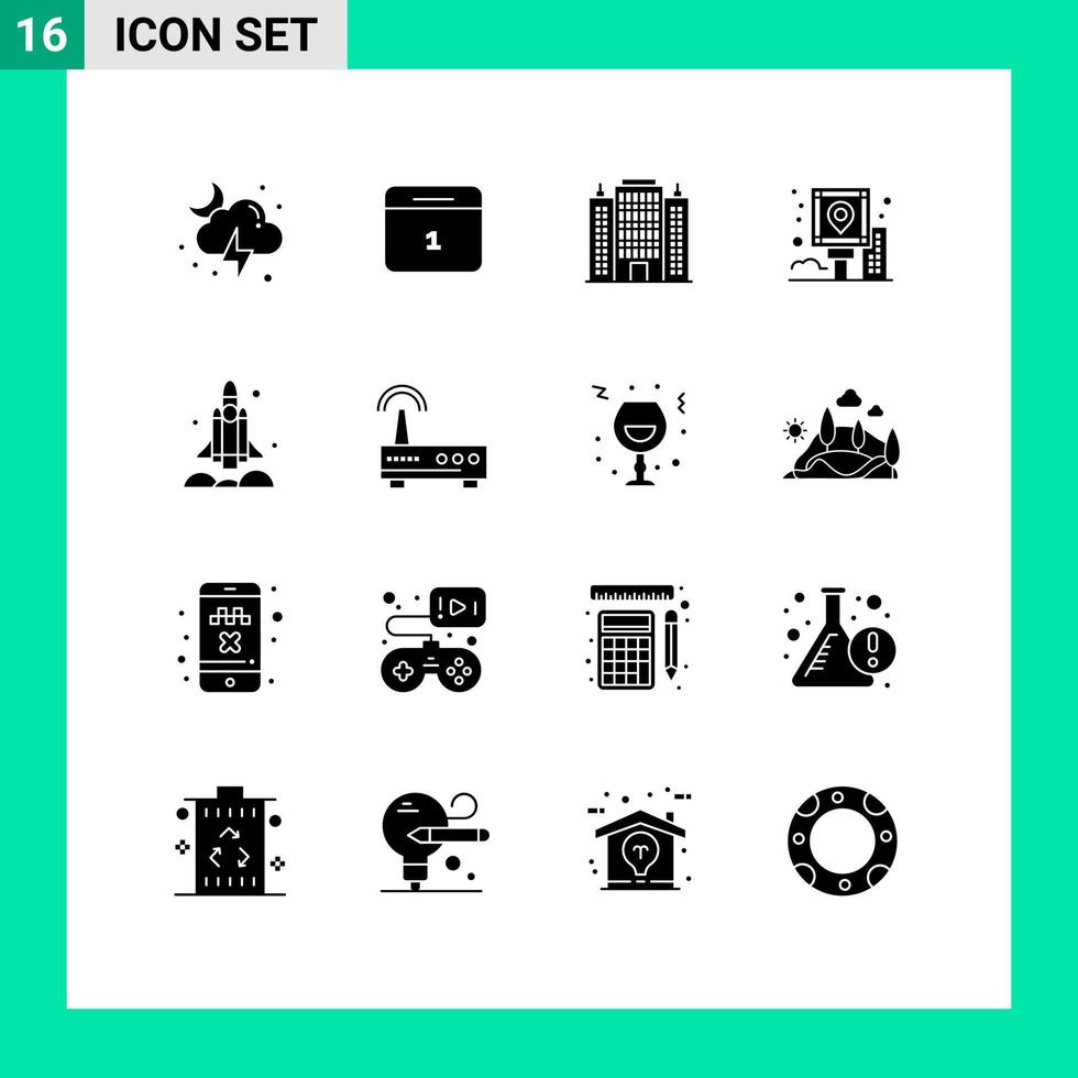 16 concept de glyphe solide pour les sites Web mobile et lanceur d'applications après la station de navigation ville éléments de conception vectoriels modifiables vecteur