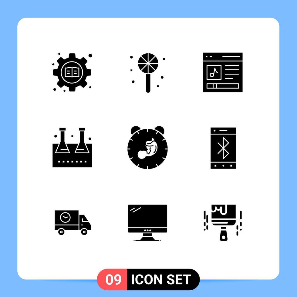 interface utilisateur pack de 9 glyphes solides de base de livraison contenu de verrerie de laboratoire flacon de laboratoire flacon chimique éléments de conception vectoriels modifiables vecteur