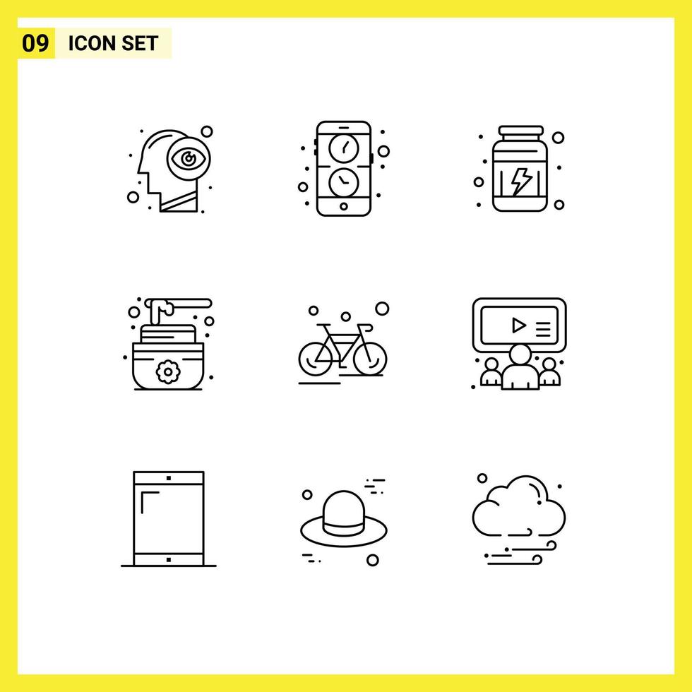 contour de l'interface mobile ensemble de 9 pictogrammes d'éléments de conception vectoriels modifiables de sauna de crème de gymnastique de vélo de vélo vecteur