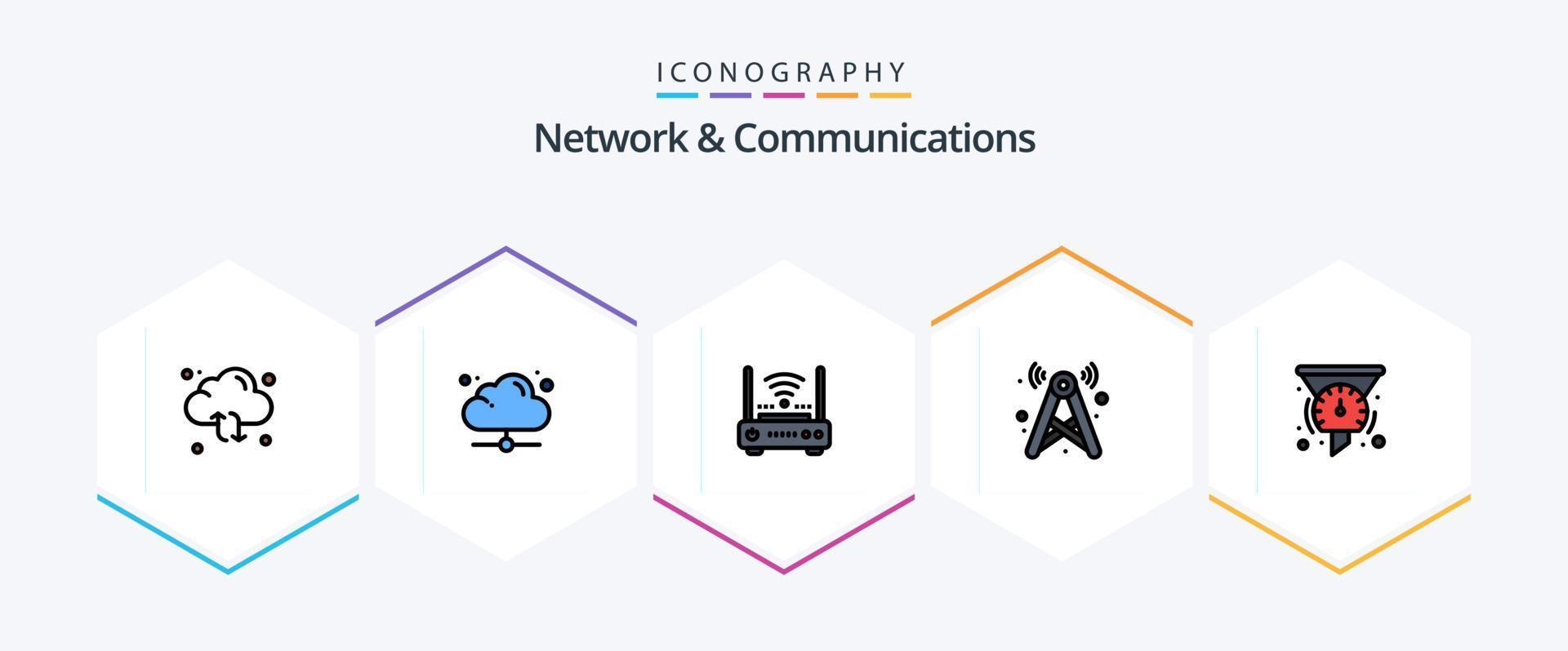 réseau et communications 25 pack d'icônes fillline comprenant le réseau. signal. en ligne. la tour. l'Internet vecteur