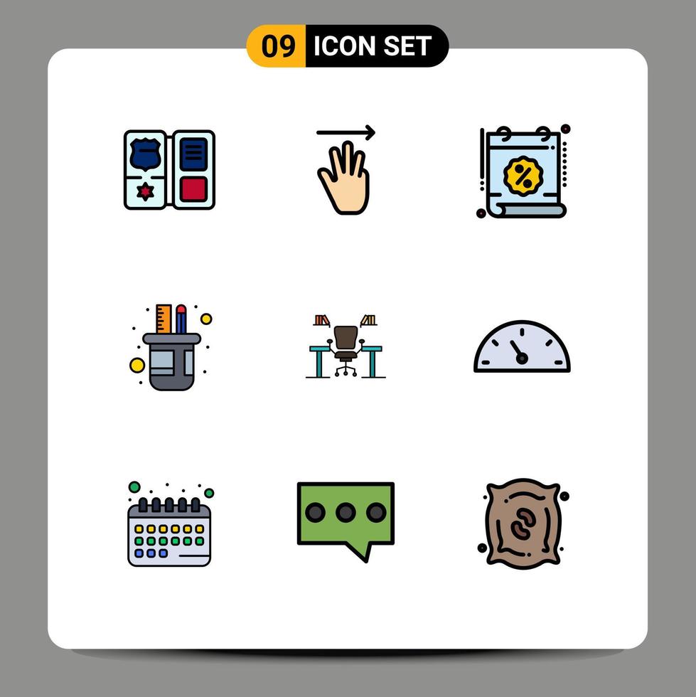 interface mobile fillline plat couleur ensemble de 9 pictogrammes de table crayon boîte calendrier crayon vente éléments de conception vectoriels modifiables vecteur