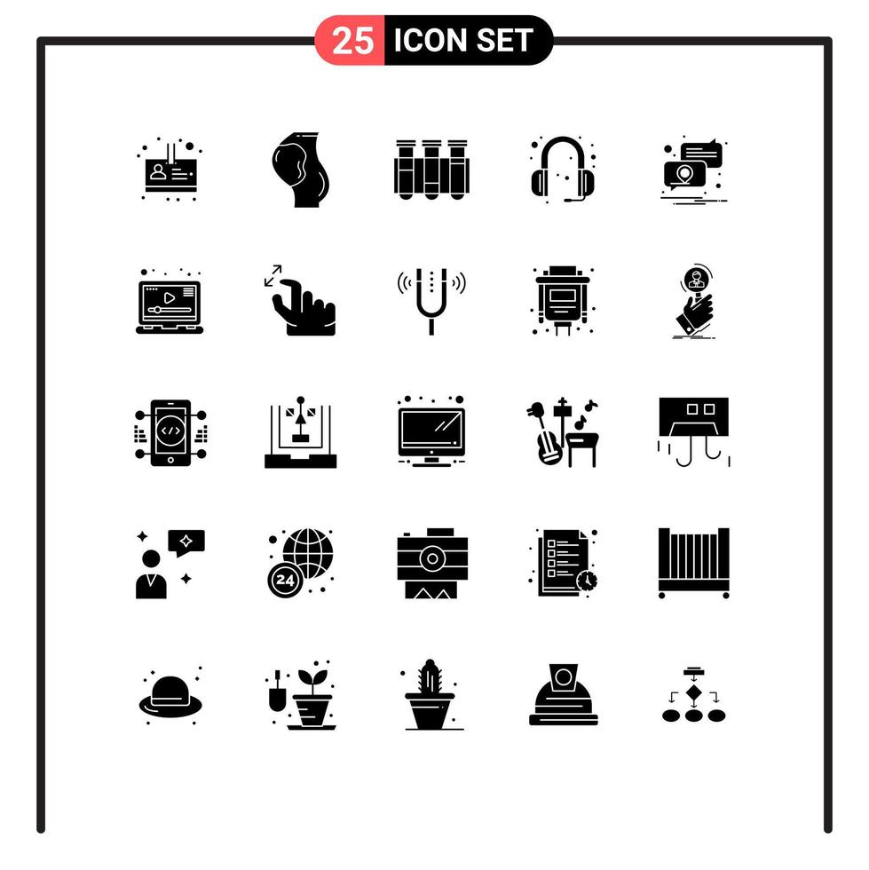 25 concept de glyphe solide pour les sites Web mobiles et les applications de prise en charge de l'emplacement casque de test éléments de conception vectoriels modifiables par le sang vecteur