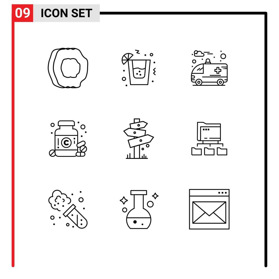 9 concept de contour pour sites Web mobiles et applications camping direction ambulance pilules médicament éléments de conception vectoriels modifiables vecteur