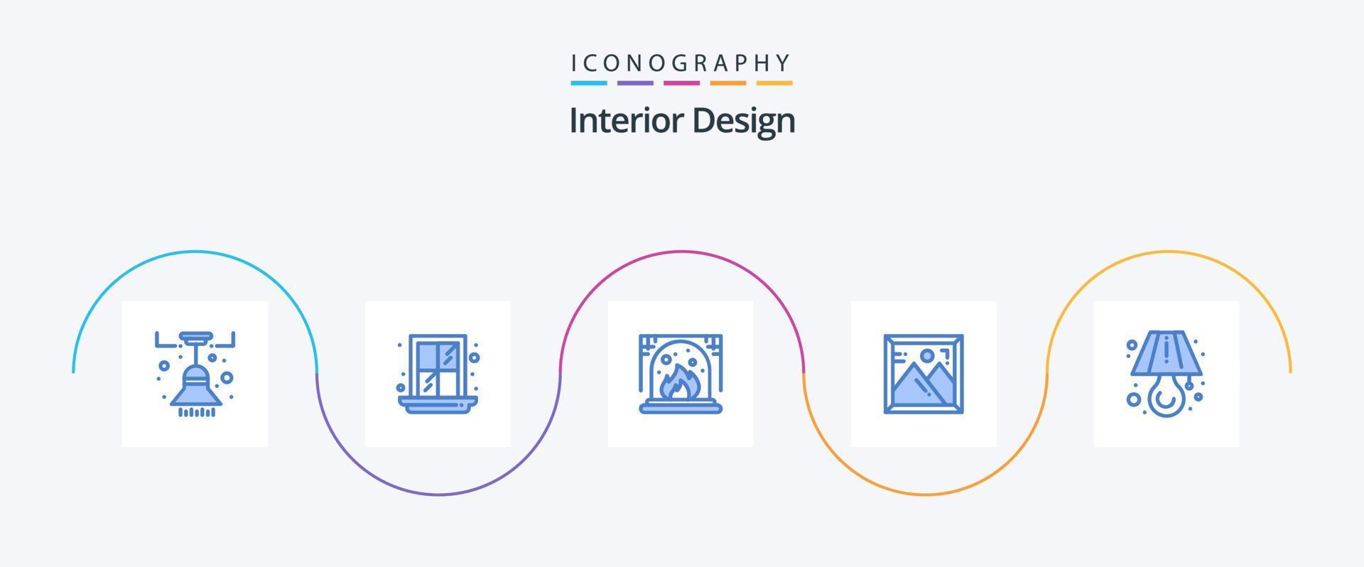 pack d'icônes de design d'intérieur bleu 5 comprenant. tableau. cheminée. lumière. image vecteur