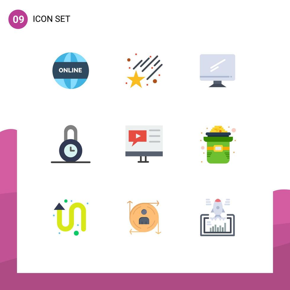 interface mobile jeu de couleurs plates de 9 pictogrammes d'éléments de conception vectoriels modifiables de verrouillage de temps de moniteur d'éducation multimédia vecteur