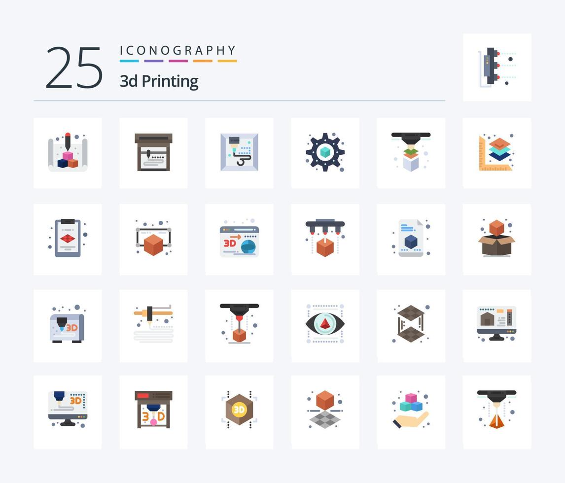 Pack d'icônes de 25 couleurs plates pour l'impression 3d, y compris la couche. escaladé. impression. couche. imprimante vecteur