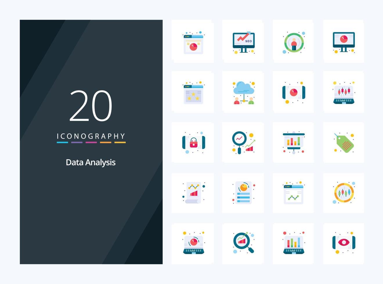 20 icône de couleur plate d'analyse de données pour la présentation vecteur