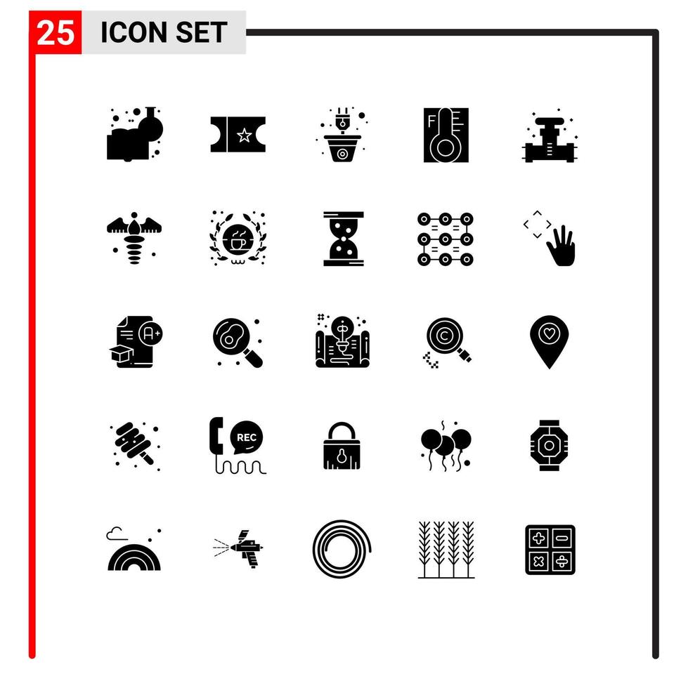 ensemble moderne de 25 pictogrammes de glyphes solides d'éléments de conception vectoriels modifiables de la lumière du soleil de prise de température de plombier vecteur