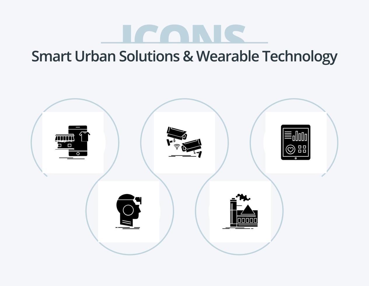 solutions urbaines intelligentes et pack d'icônes de glyphe de technologie portable 5 conception d'icônes. caméra. boutique. air. en ligne. habits vecteur