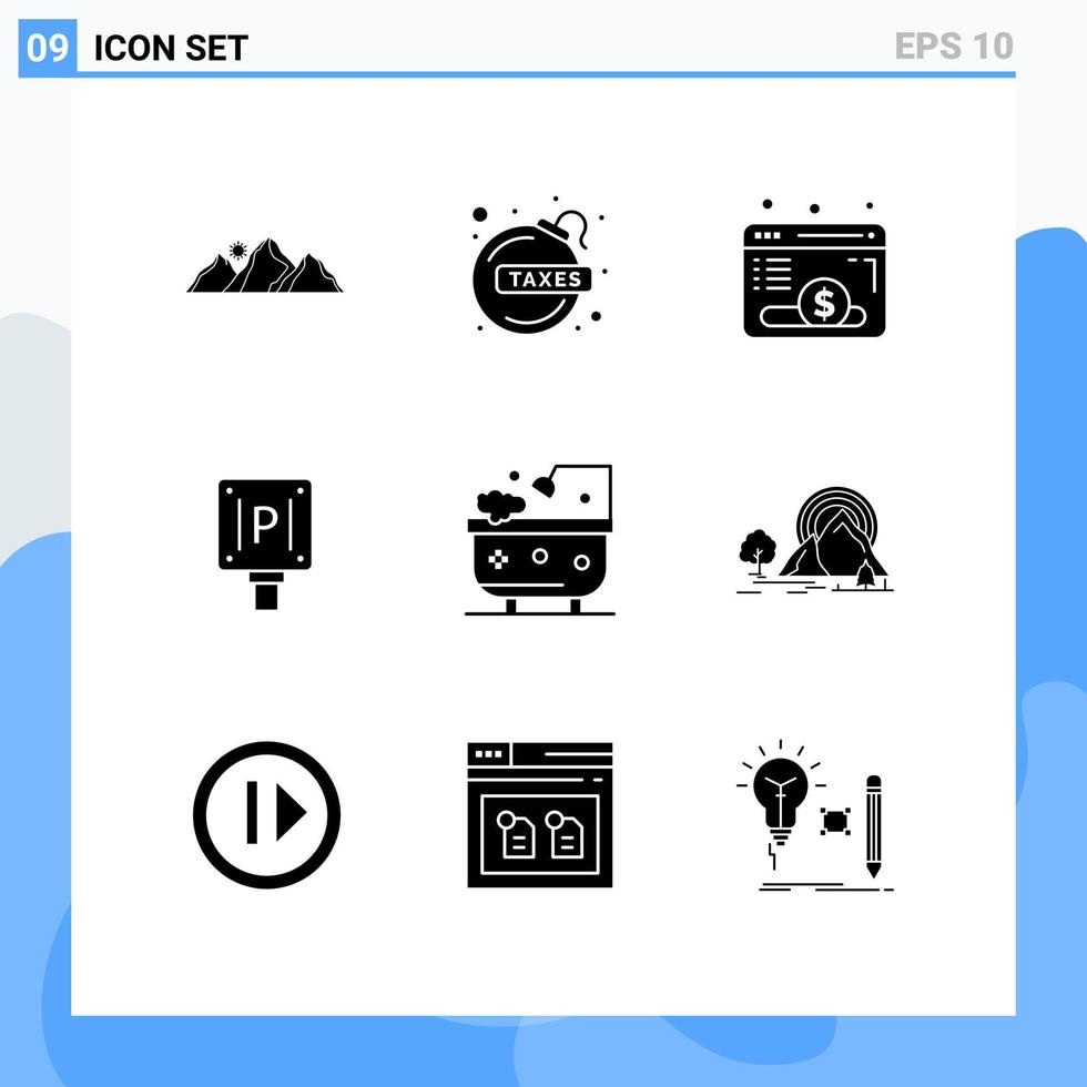 ensemble de 9 glyphes solides vectoriels sur la grille pour les éléments de conception vectoriels modifiables du fonds du panneau de taxe de signe de bain vecteur