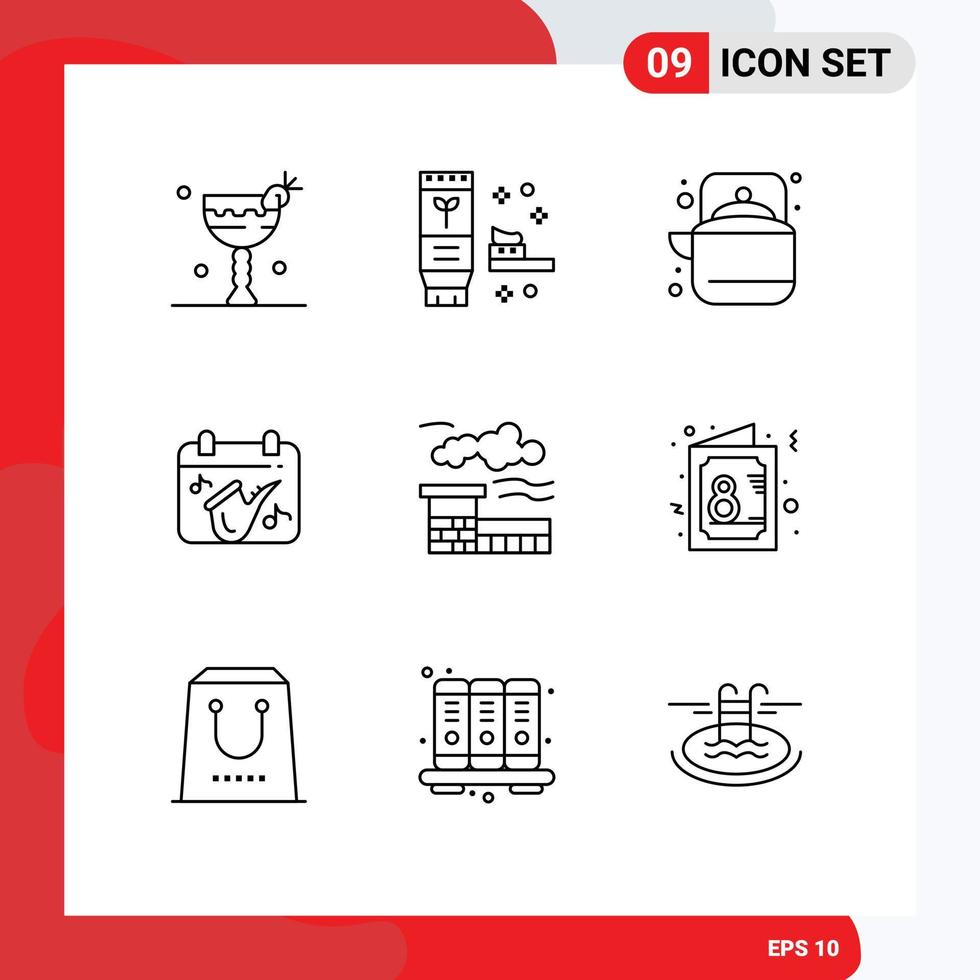 pictogramme ensemble de 9 contours simples d'usine jouer camping musique théière éléments de conception vectoriels modifiables vecteur