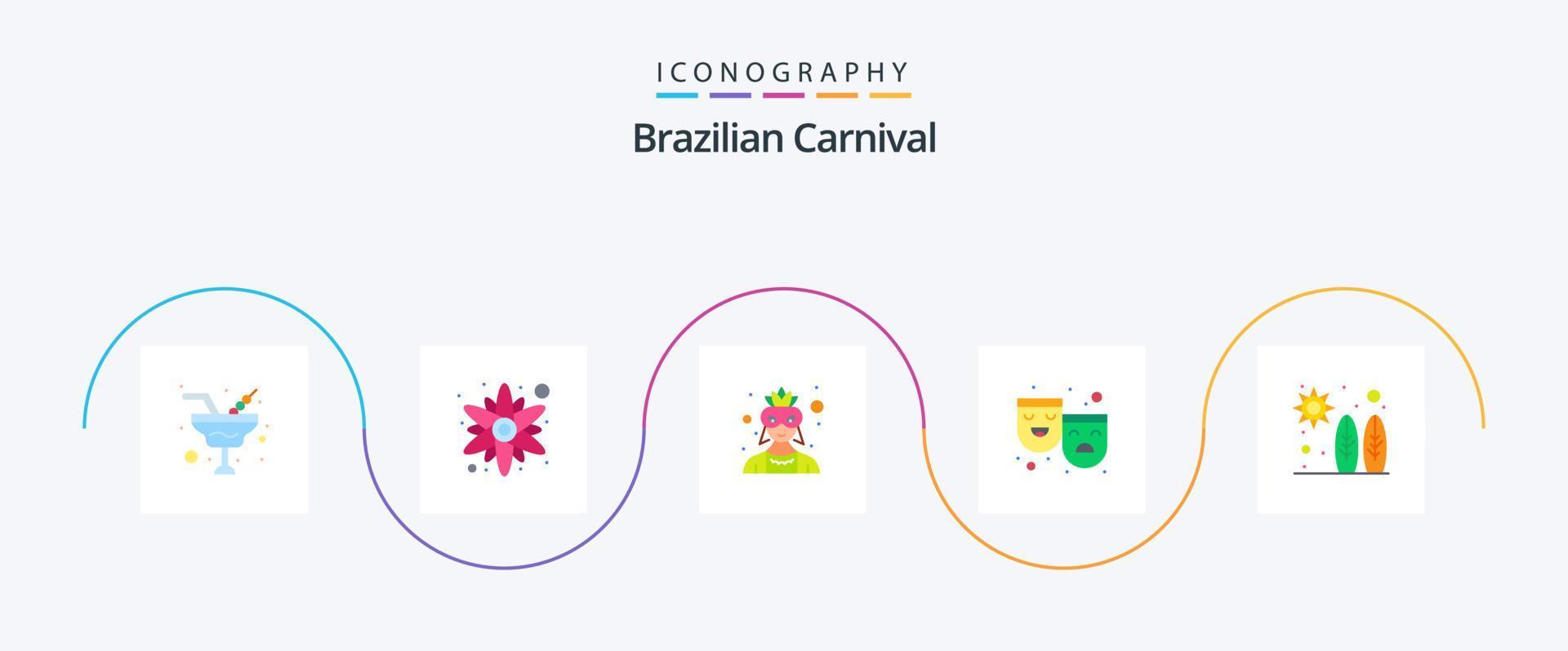 pack d'icônes plat 5 carnaval brésilien, y compris le surf. plage. avatar. Heureux Triste. les rôles vecteur