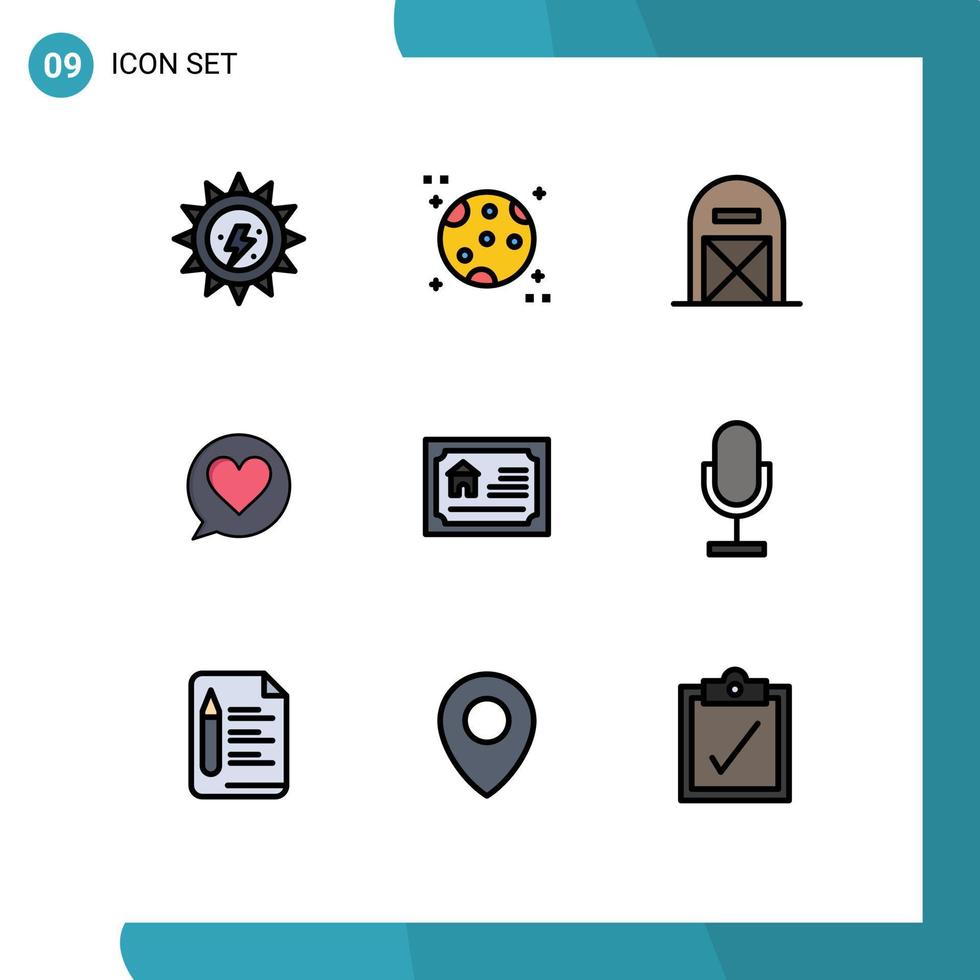 interface mobile filledline couleur plate ensemble de 9 pictogrammes d'éléments de conception vectoriels modifiables de chat de cœur de grange à cartes réelles vecteur