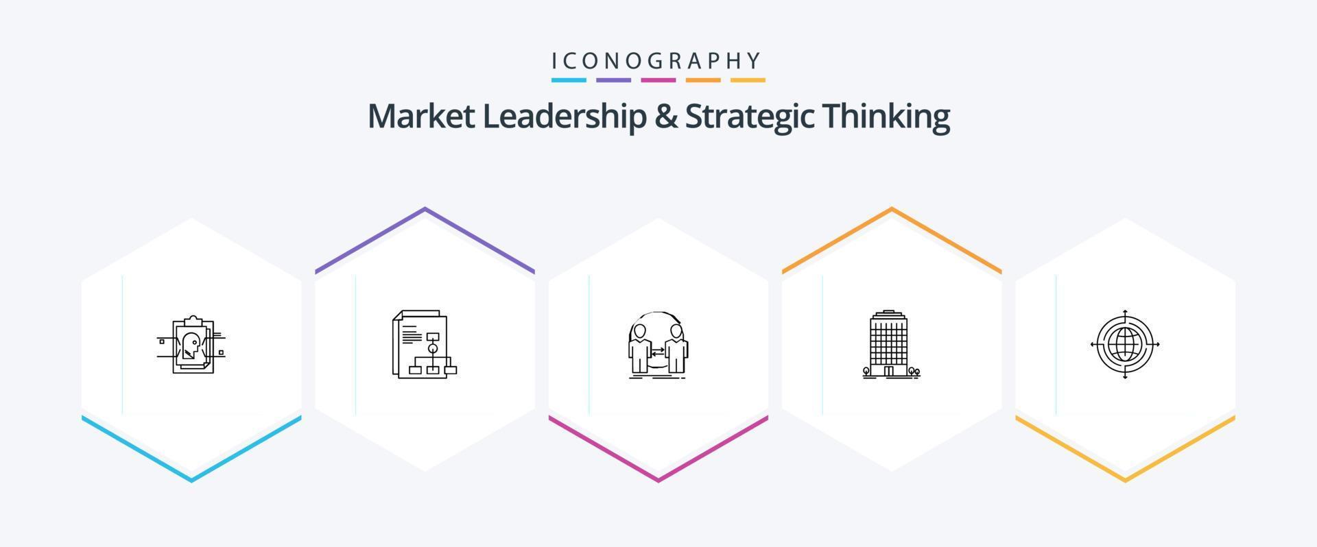 leadership sur le marché et réflexion stratégique pack d'icônes de 25 lignes, y compris l'espace. bureau. rapport. bâtiment. identité vecteur