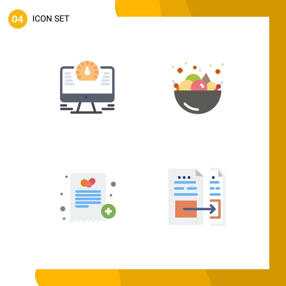 4 icônes plates universelles définies pour les applications web et mobiles ordinateur montre médicale compte de salade de fruits éléments de conception vectoriels modifiables vecteur