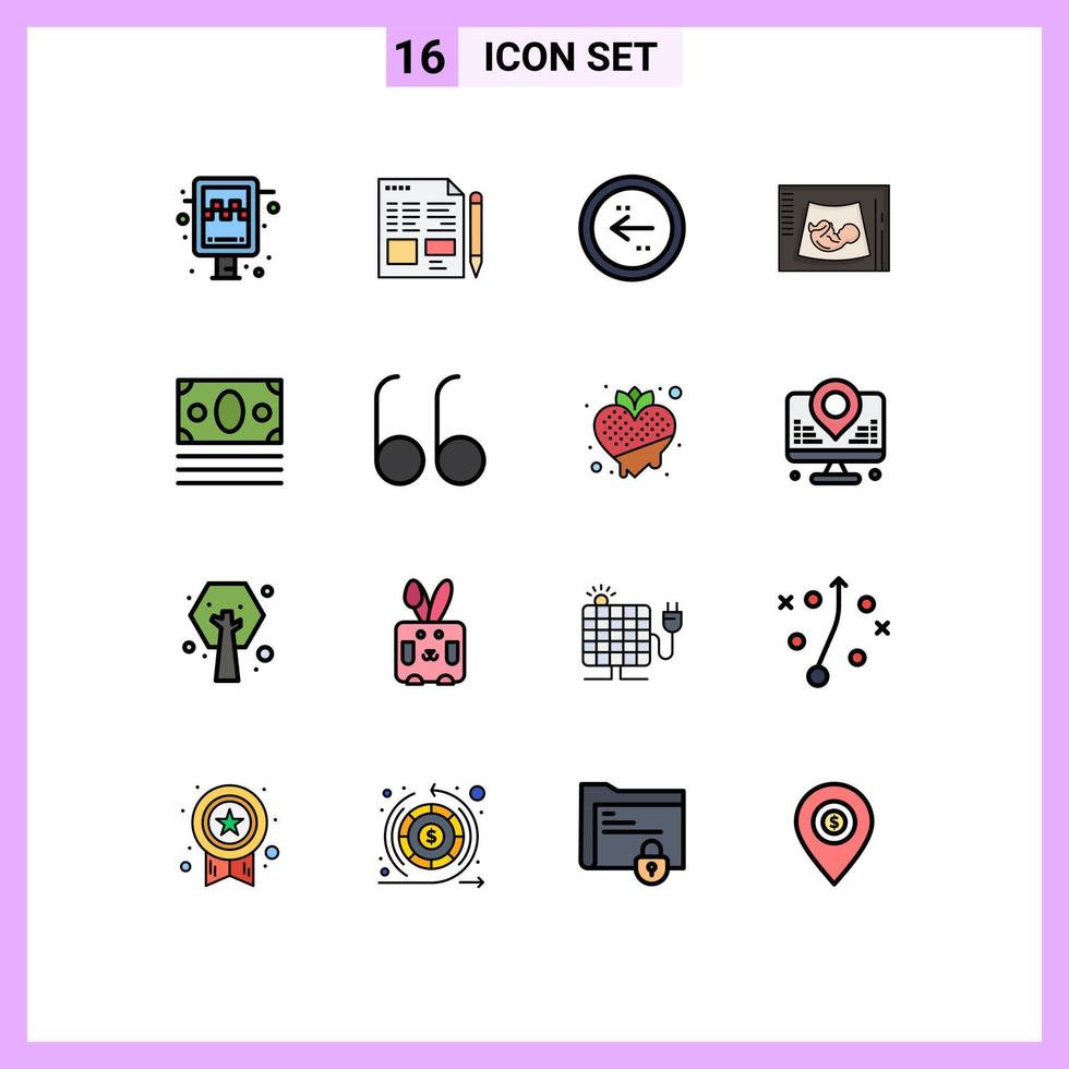 interface mobile ligne remplie de couleurs plates ensemble de 16 pictogrammes d'échographie sonogramme flèche grossesse gauche éléments de conception vectoriels créatifs modifiables vecteur