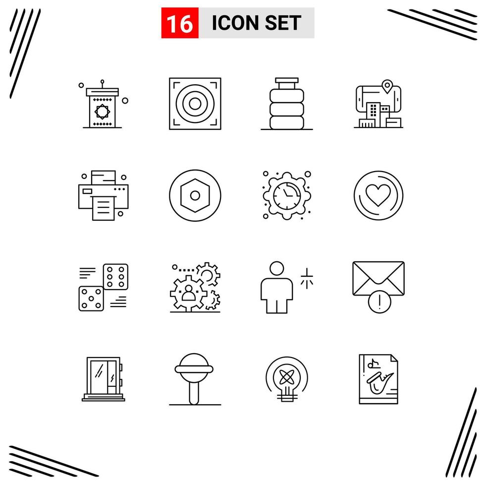 ensemble moderne de 16 contours pictogramme d'éléments de conception vectoriels modifiables de nourriture de ville de bouteille de technologie de bureau vecteur
