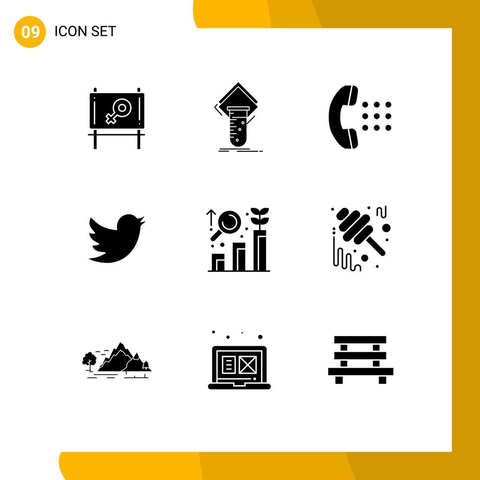 pack de 9 glyphes solides créatifs d'applications de recherche graphique éléments de conception vectoriels modifiables du réseau twitter vecteur