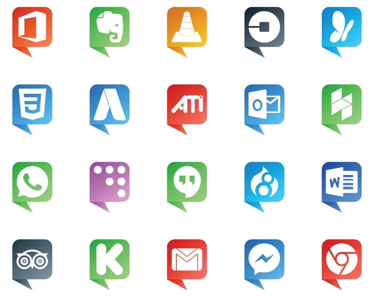 20 logo de style bulle de médias sociaux comme drupal coderwall msn whatsapp outlook vecteur