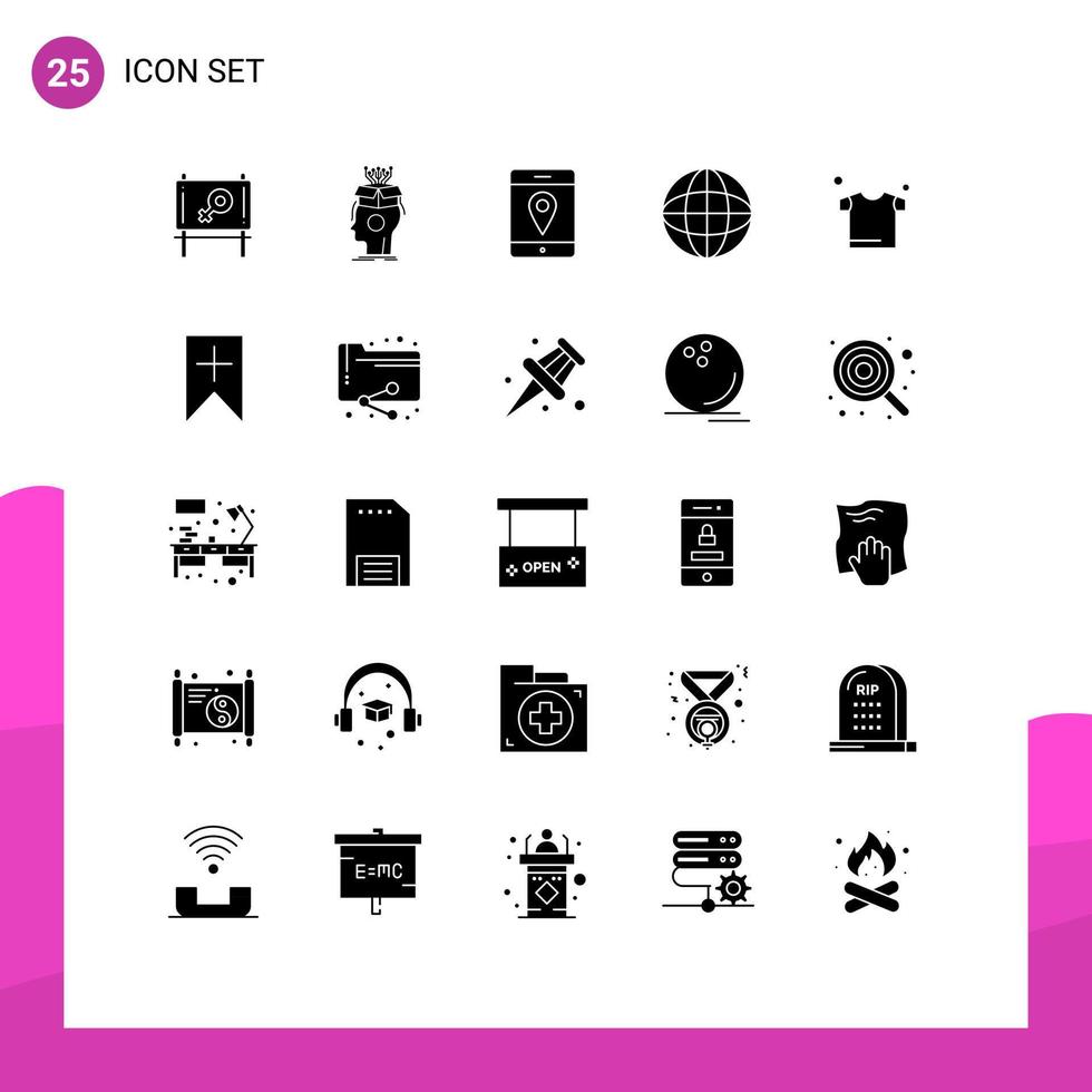 interface mobile glyphe solide ensemble de 25 pictogrammes d'étiquette lieu de séchage vêtements expédition éléments de conception vectoriels modifiables vecteur