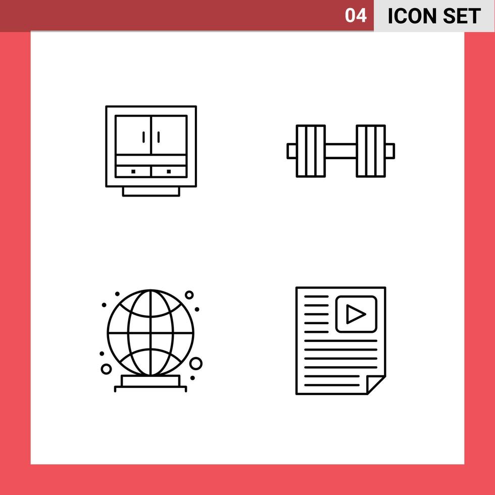 ensemble moderne de 4 pictogrammes de couleurs plates remplies d'éléments de conception vectoriels modifiables mondiaux de stockage de fichiers de salle de sport d'armoire vecteur