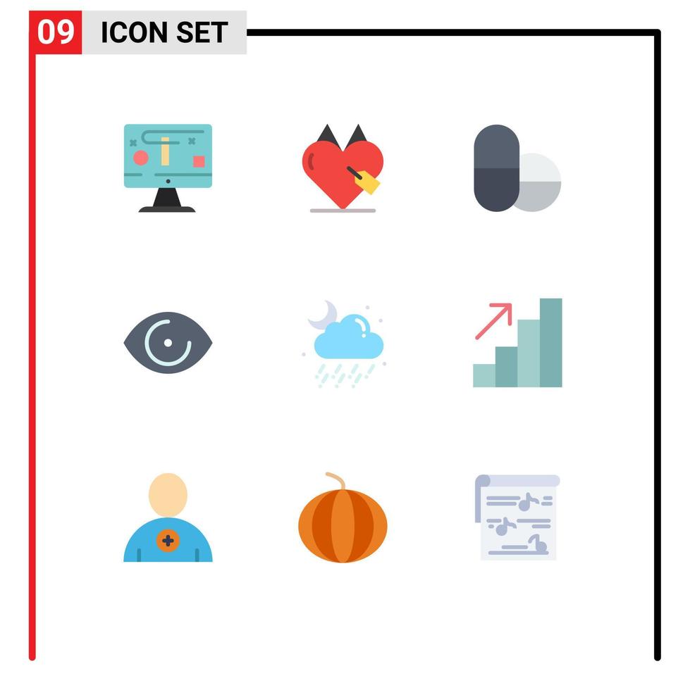 interface mobile couleur plate ensemble de 9 pictogrammes d'éléments de conception vectoriels modifiables face à la vision préférée du nuage météorologique vecteur