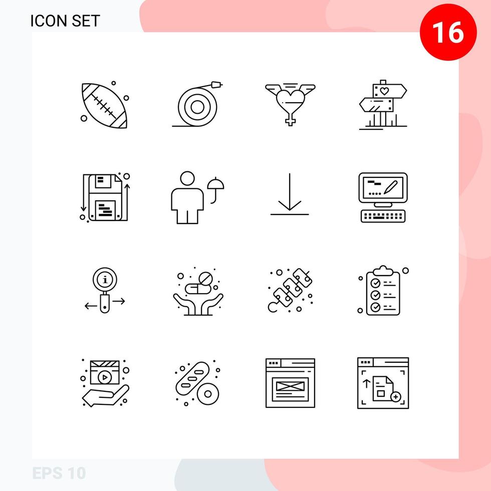 ensemble moderne de 16 contours pictogramme d'éléments de conception vectoriels modifiables d'amour de mariage de coeur de disque de sauvegarde vecteur