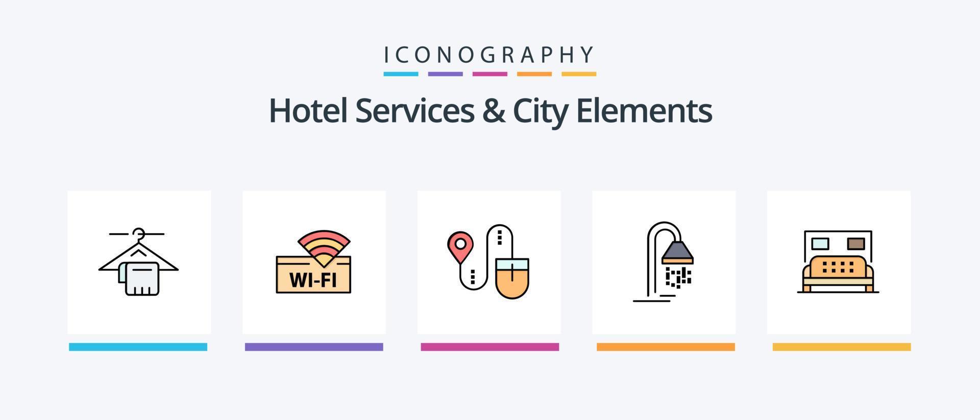 services hôteliers et ligne d'éléments de la ville remplis de 5 icônes, y compris l'appareil. Wifi. Non. hôtel. recherche. conception d'icônes créatives vecteur