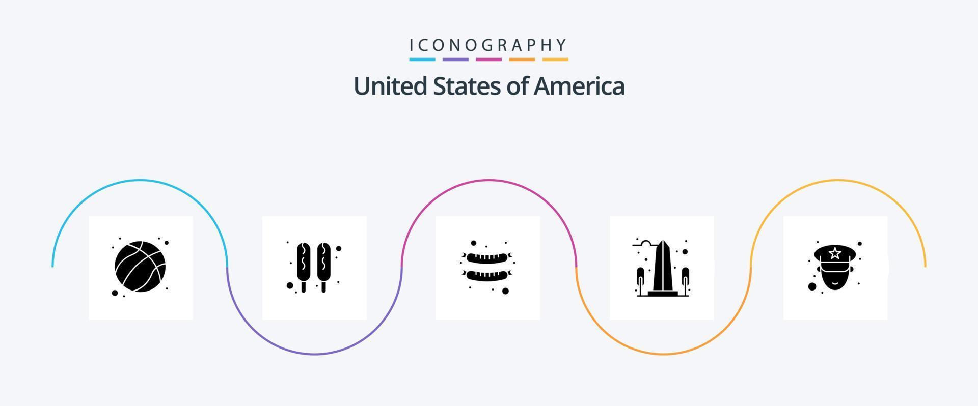 pack d'icônes usa glyph 5, y compris la police. homme. saucisse. Washington. vue vecteur
