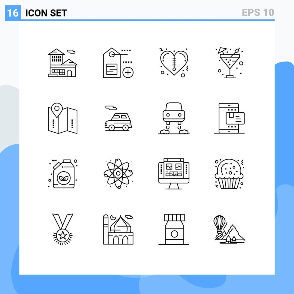pack de 16 signes et symboles de contours modernes pour les supports d'impression Web tels que l'emplacement de l'emplacement de la carte de la Saint-Valentin des éléments de conception vectoriels modifiables à l'eau pétillante vecteur