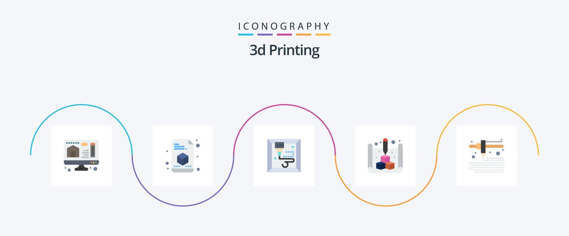 Pack d'icônes plat 5 d'impression 3d, y compris la modélisation. 3d. 3d. la toile. plan vecteur