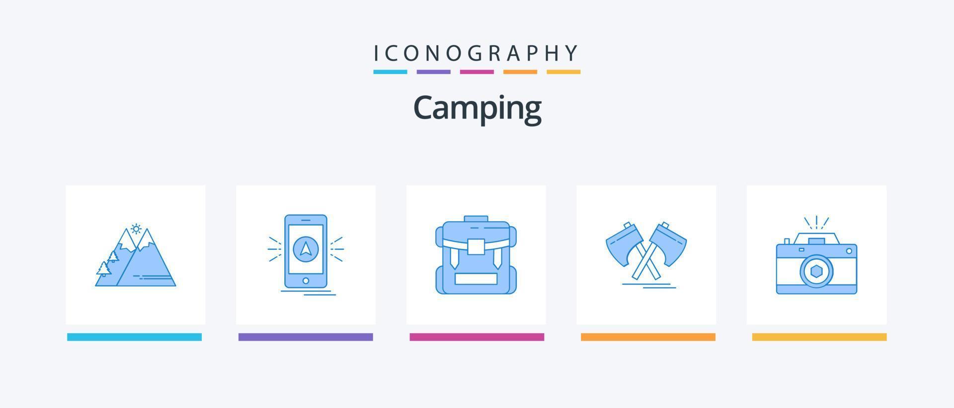 pack d'icônes de camping bleu 5 comprenant un outil. hache. GPS. bagage. fermeture éclair. conception d'icônes créatives vecteur