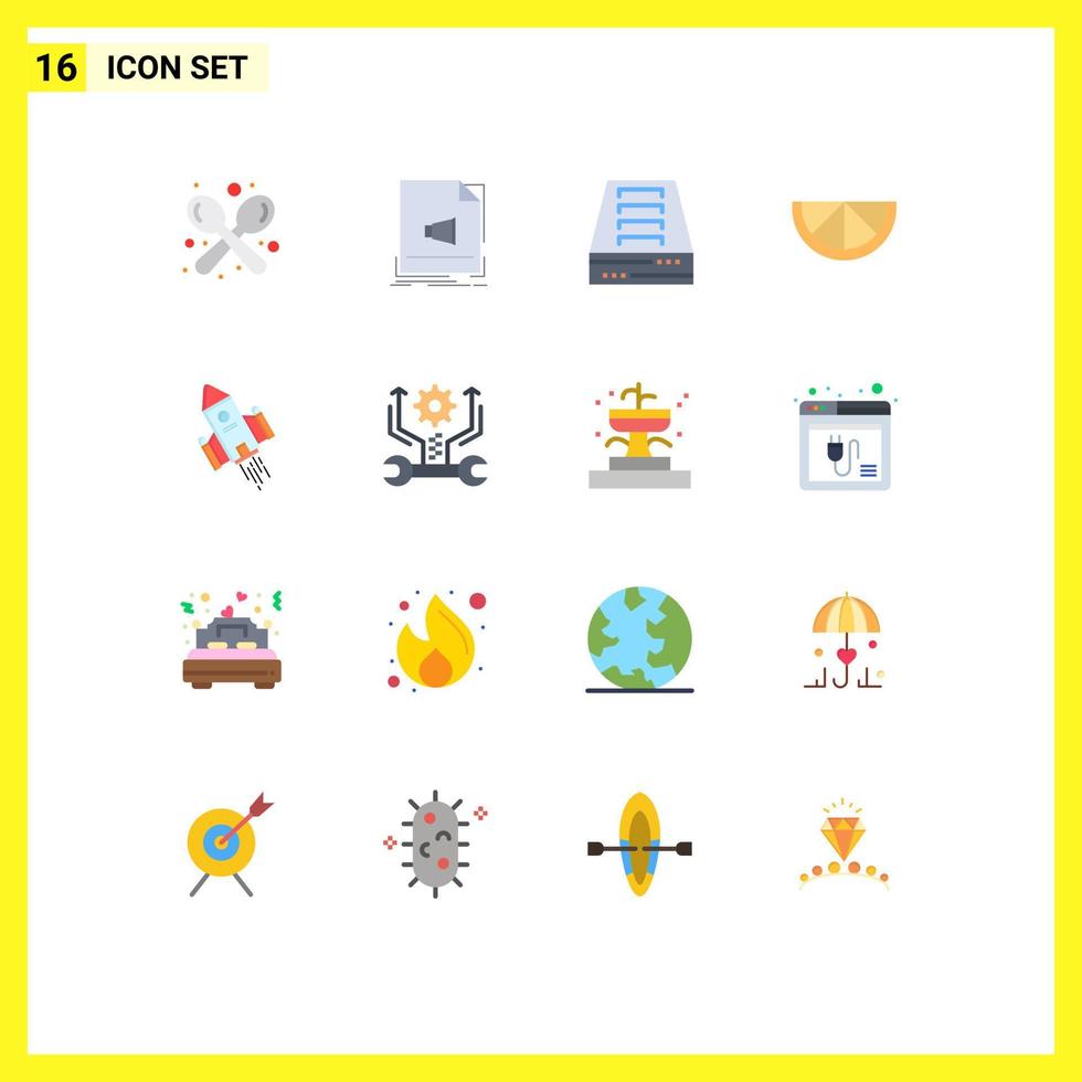 pack de 16 symboles universels de couleur plate de fruits de la navette musique tiroir de citron pack modifiable d'éléments de conception de vecteur créatif