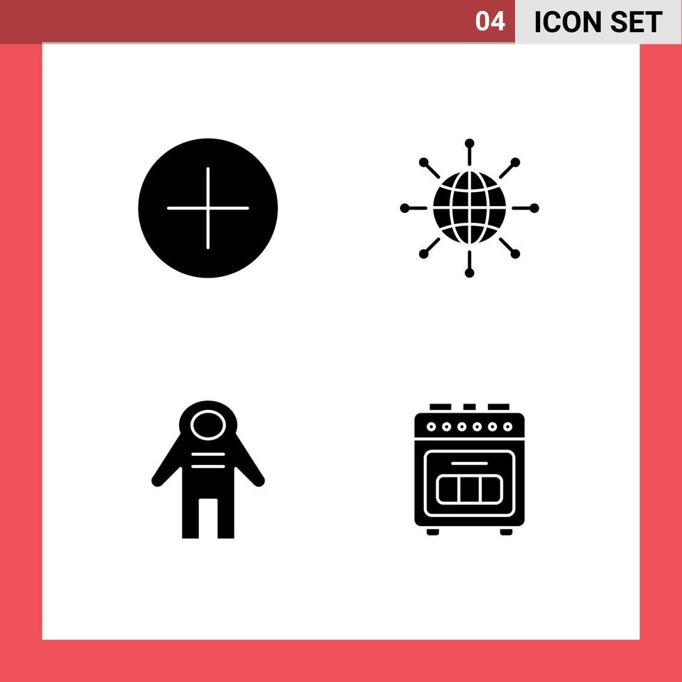 4 signes de glyphes solides universels symboles d'ajouter cosmonaute connecter terre voyageur de l'espace éléments de conception vectoriels modifiables vecteur