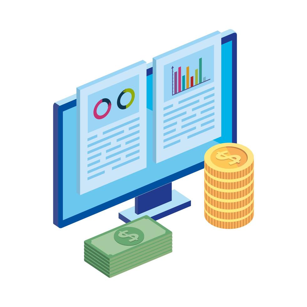 ordinateur avec infographie et pile de billets vecteur