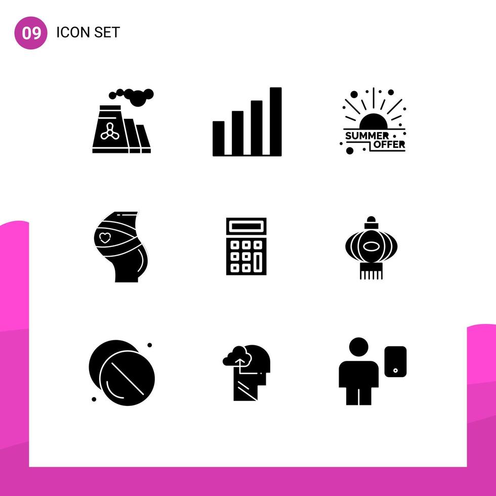 ensemble de pictogrammes de 9 glyphes solides simples de calculatrice remise enceintes ceinture de grossesse éléments de conception vectoriels modifiables vecteur