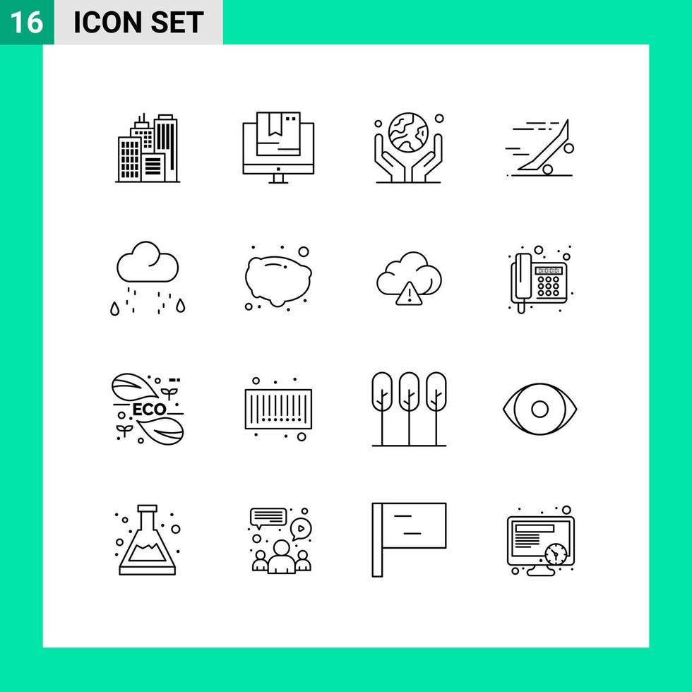 ensemble de pictogrammes de 16 contours simples d'éléments de conception vectoriels modifiables de protection de l'environnement d'équitation de planche à roulettes vecteur