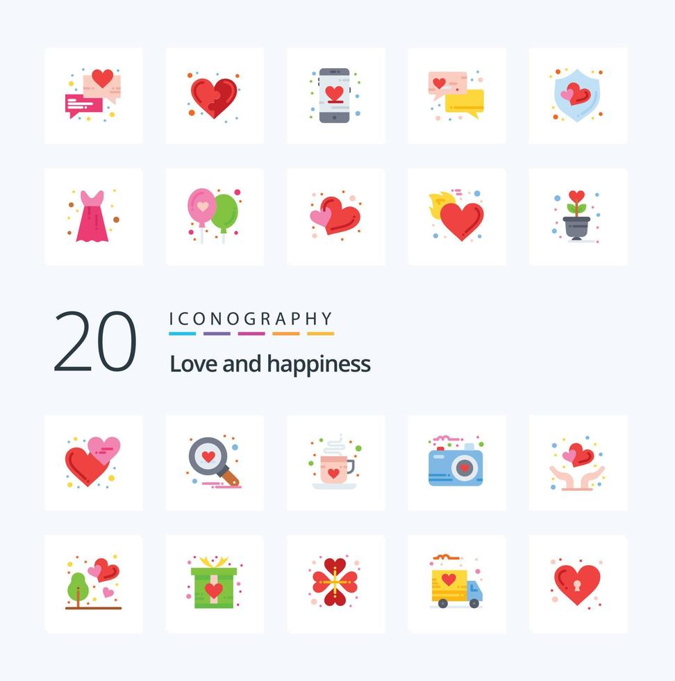 20 pack d'icônes de couleur plate d'amour comme l'amour photo café amour caméra vecteur