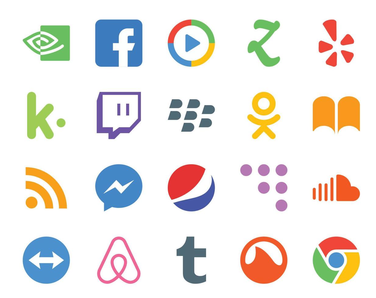 pack de 20 icônes de médias sociaux, y compris la musique soundcloud blackberry coderwall messenger vecteur