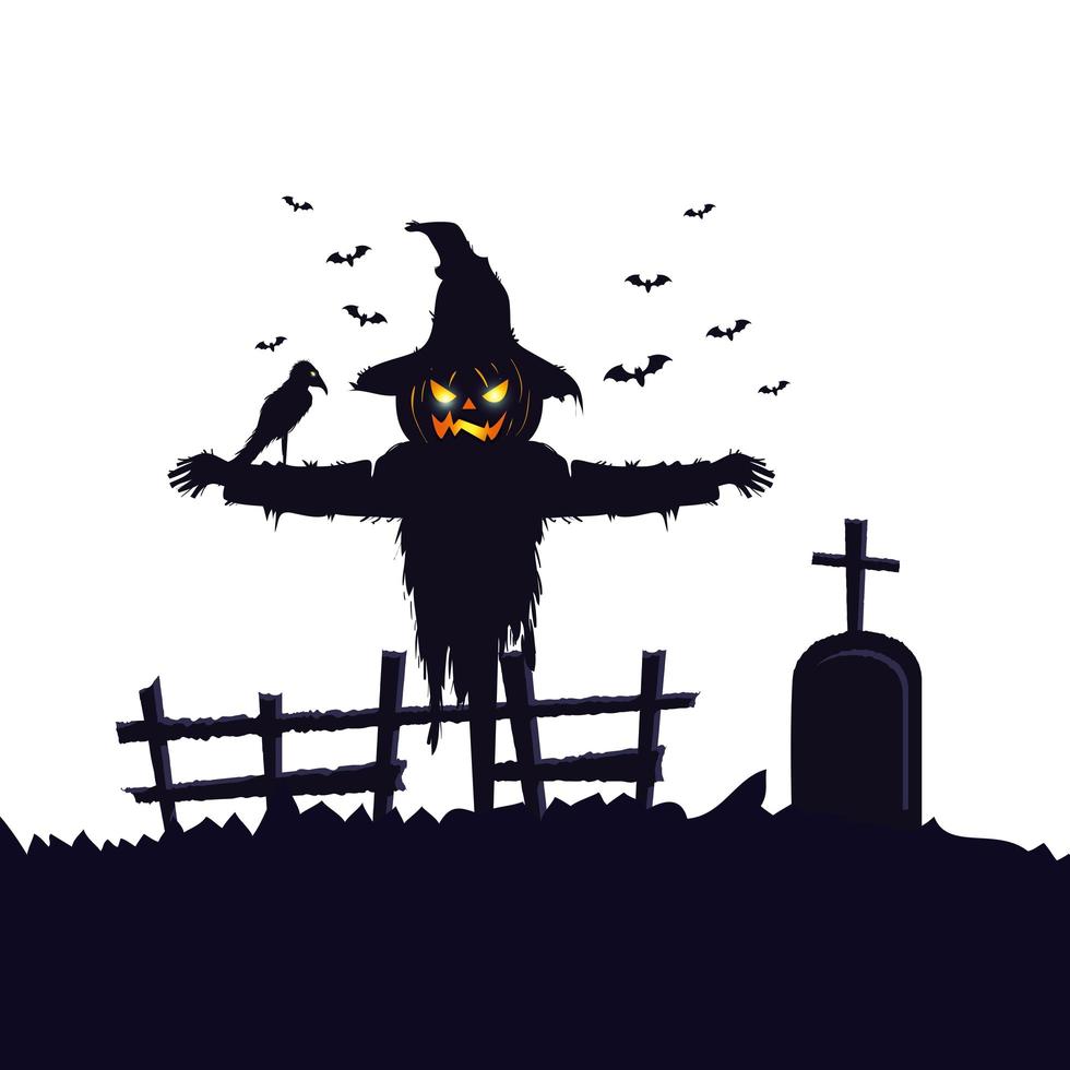 épouvantail halloween avec corbeau et tombeau vecteur
