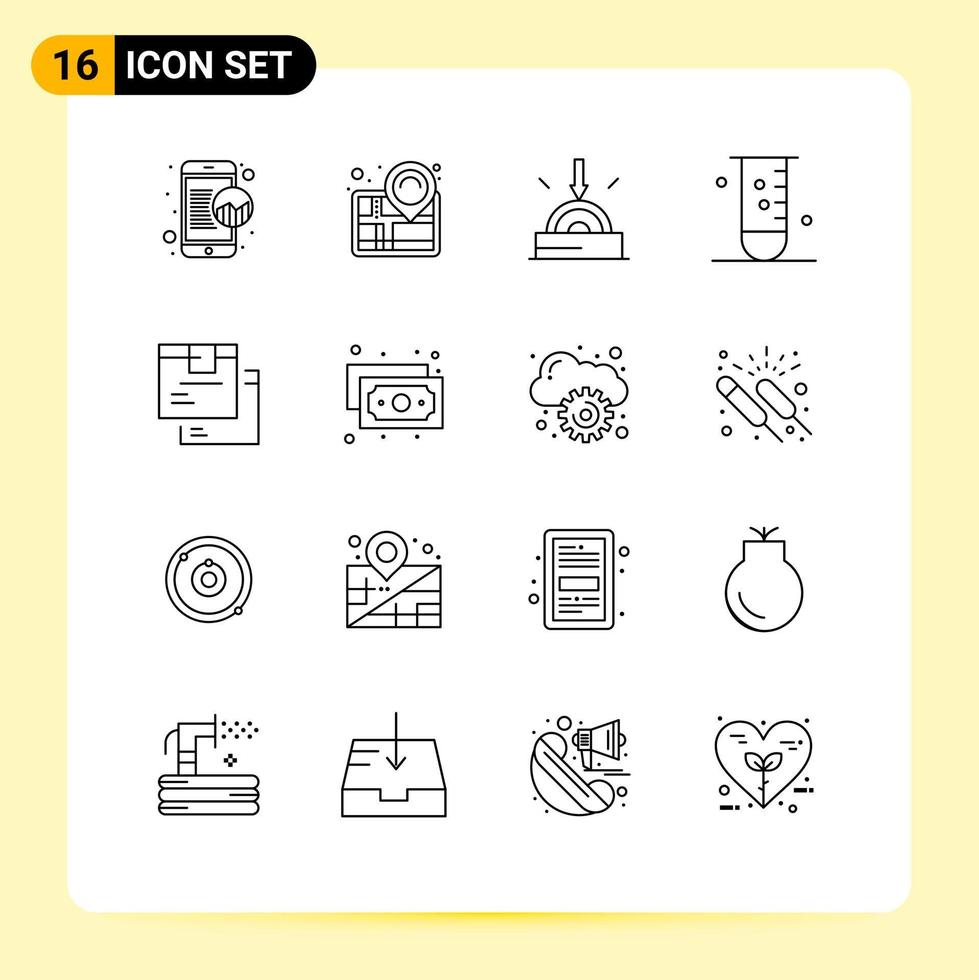 ensemble de pictogrammes de 16 contours simples d'éléments de conception vectoriels modifiables de biologie de laboratoire d'entreprise de laboratoire de boîte vecteur