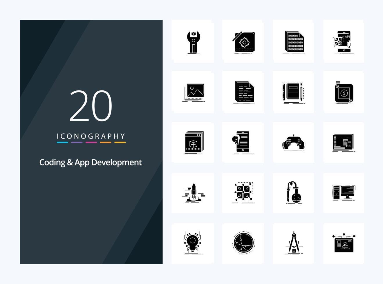 20 icône de glyphe solide de codage et de développement d'applications pour la présentation vecteur