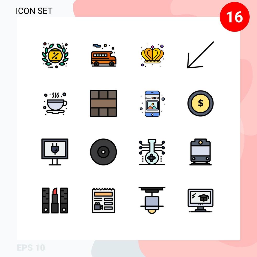 groupe de 16 lignes remplies de couleurs plates modernes définies pour le thé de la couronne de tasse de cadre éléments de conception vectoriels créatifs modifiables vecteur