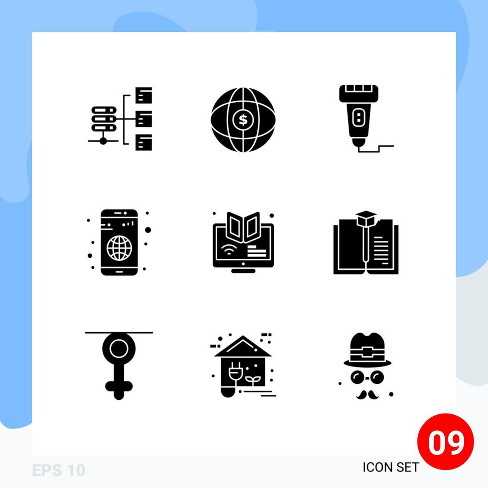 ensemble moderne de 9 glyphes et symboles solides tels que les éléments de conception vectoriels modifiables du scanner d'application sans numéraire elearning globe vecteur