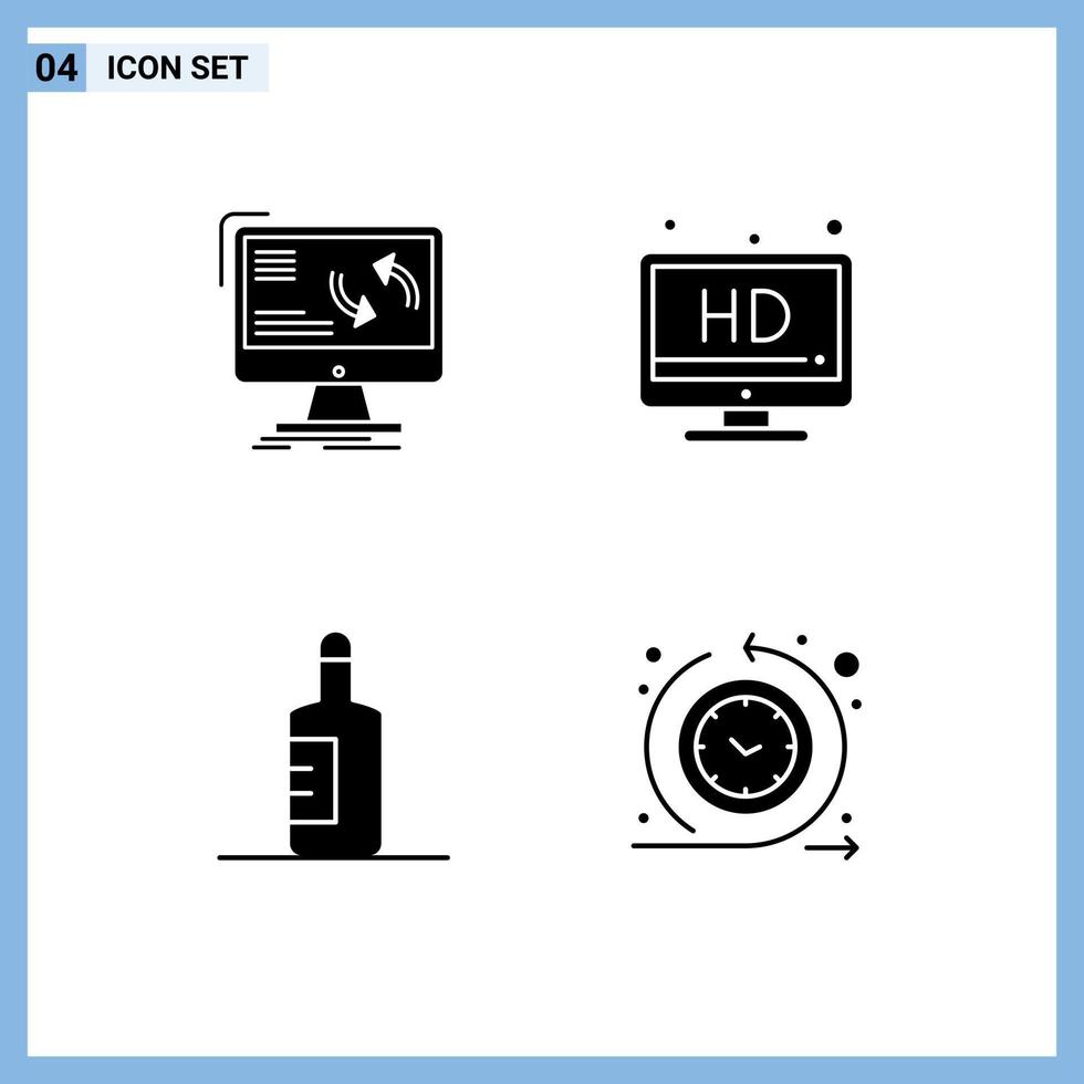 interface mobile glyphe solide ensemble de 4 pictogrammes de synchronisation boisson données écran temps de cycle éléments de conception vectoriels modifiables vecteur