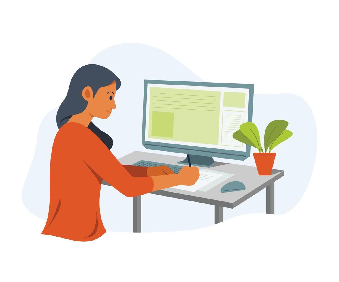 femme indépendante en ligne travaillant avec ordinateur. vecteur