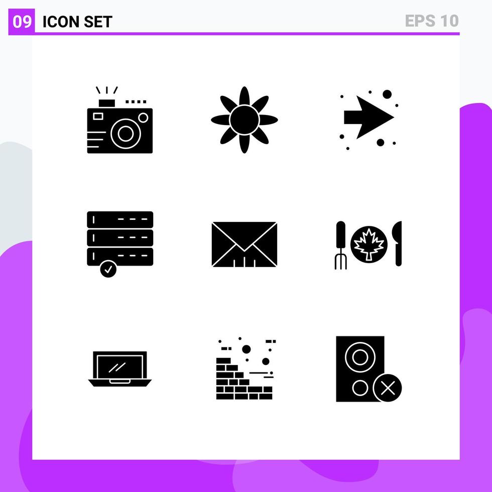 interface mobile glyphe solide ensemble de 9 pictogrammes de dîner message flèche interface données éléments de conception vectoriels modifiables vecteur